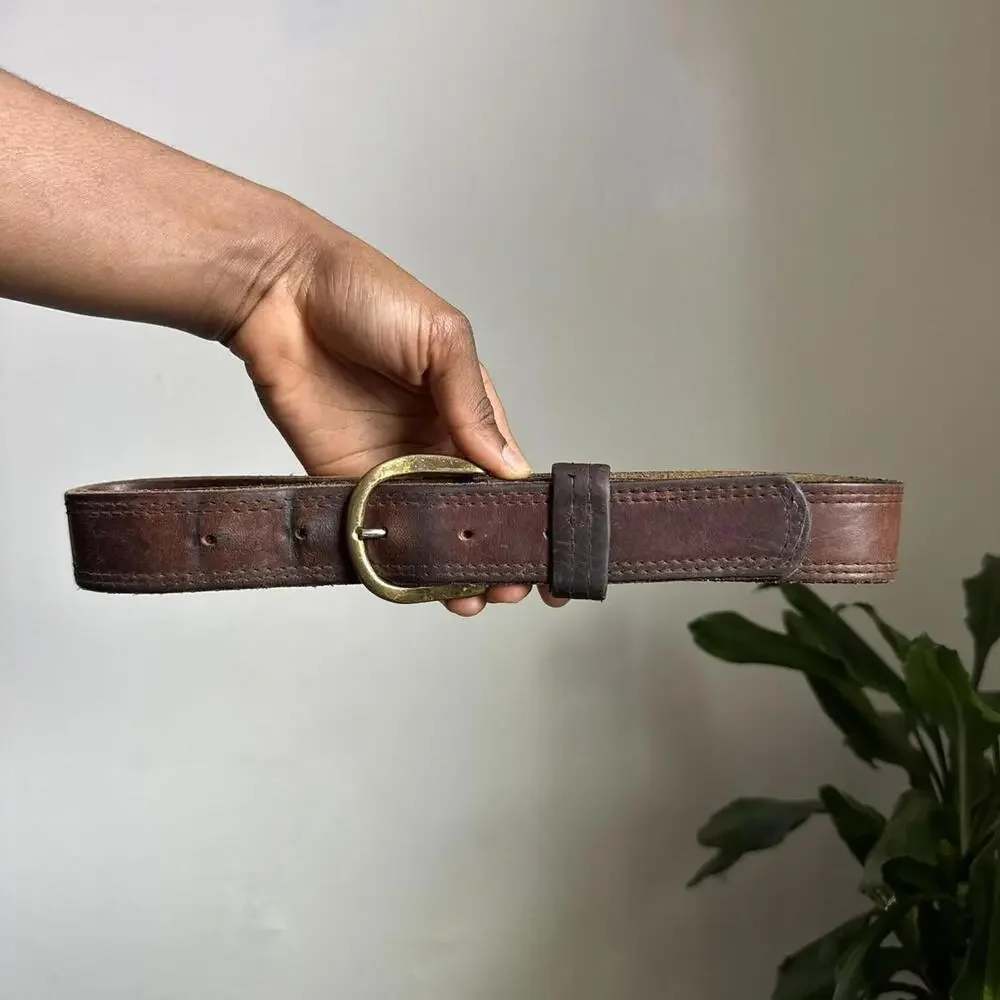 Vintage Leegin Genuine Leather Belt‎ Solid Brass Dark Brown fits like L/XL